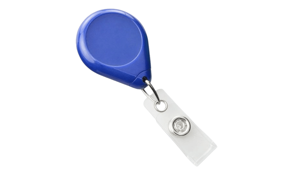 Portabadge avvolgibile rotondo blu con fascetta in vinile e clip