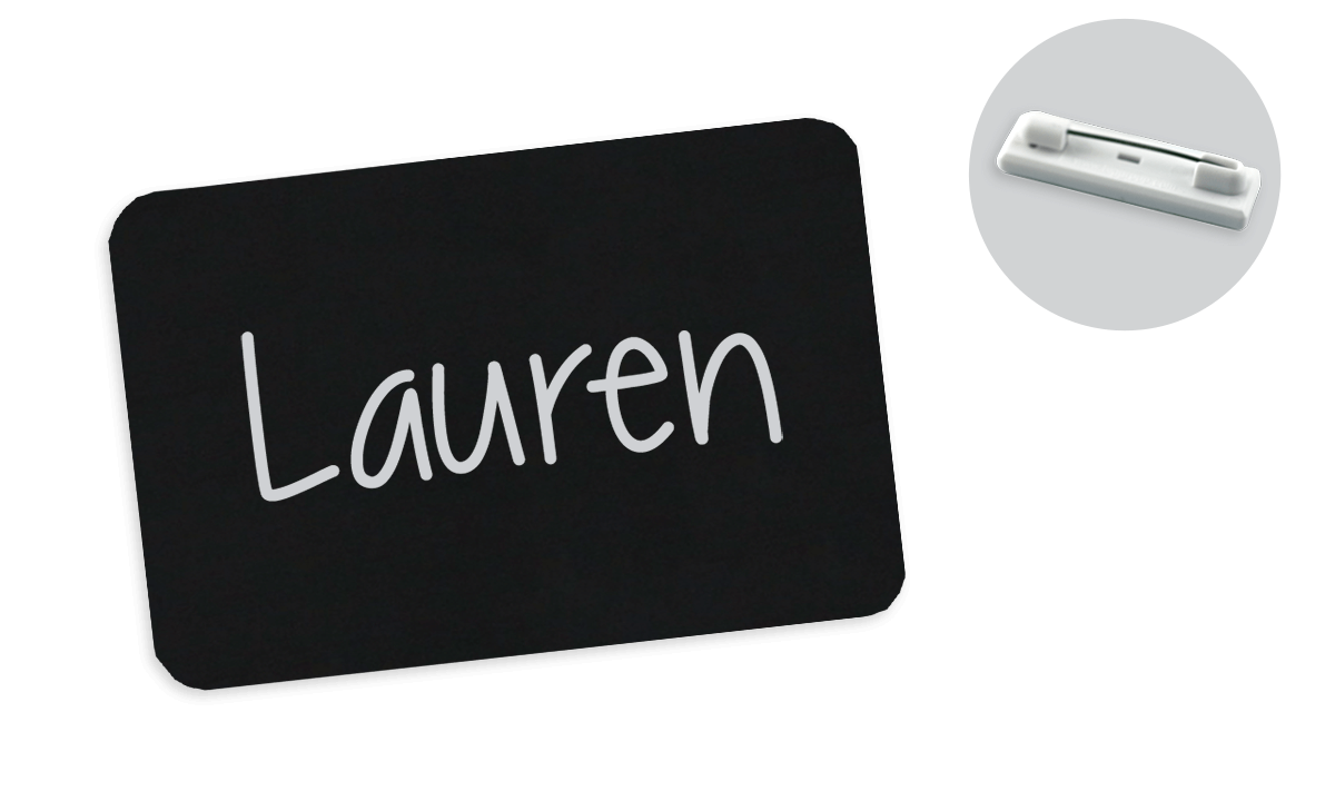 Badge nero a lavagnetta 75x50 mm, Attacco a spilla