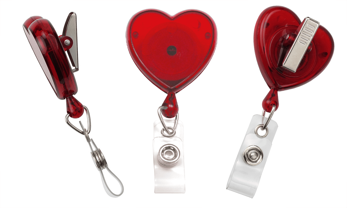 Portabadge avvolgibile rosso traslucido a forma di cuore