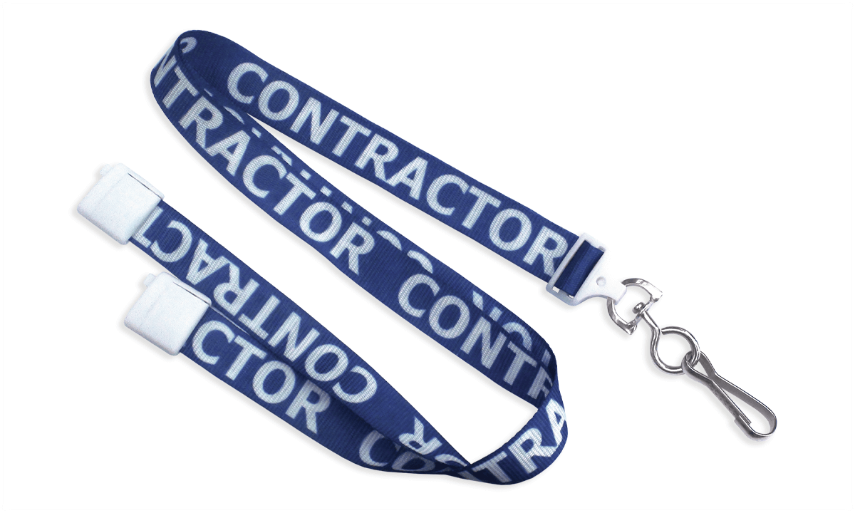 Laccetti porta badge in satin pre-stampati "CONTRACTOR" di 15 mm con gancio metallico girevole e clip di sicurezza
