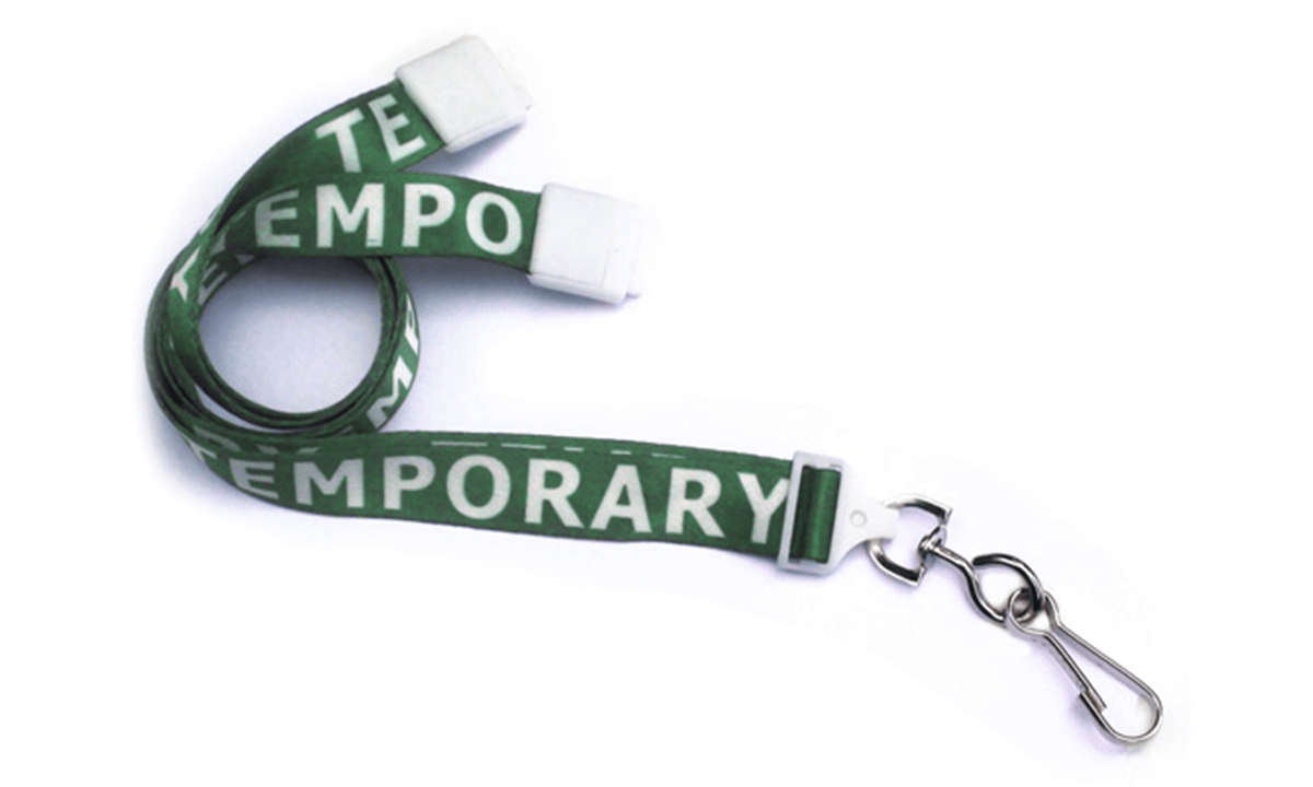 Laccetti porta badge in satin pre-stampati "TEMPORARY" di 15 mm con gancio metallico girevole e clip di sicurezza