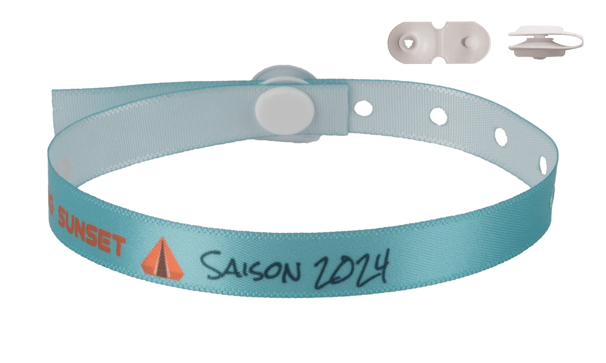 Braccialetti in tessuto effetto raso personalizzabili 10mm,"speciali per campeggi", chiusura St Tropez