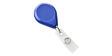 Portabadge avvolgibile rotondo blu con fascetta in vinile e clip