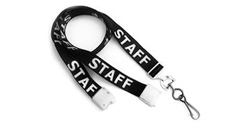 Laccetti porta badge in satin pre-stampati "STAFF" di 15 mm con gancio metallico girevole e clip di sicurezza