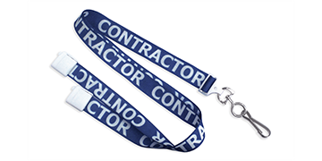 Laccetti porta badge in satin pre-stampati "CONTRACTOR" di 15 mm con gancio metallico girevole e clip di sicurezza