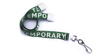 Laccetti porta badge in satin pre-stampati "TEMPORARY" di 15 mm con gancio metallico girevole e clip di sicurezza