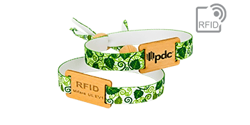 Braccialetti RFID in tessuto effetto raso riciclato con chiusura scorrevole monouso in bambú (Kyoto)